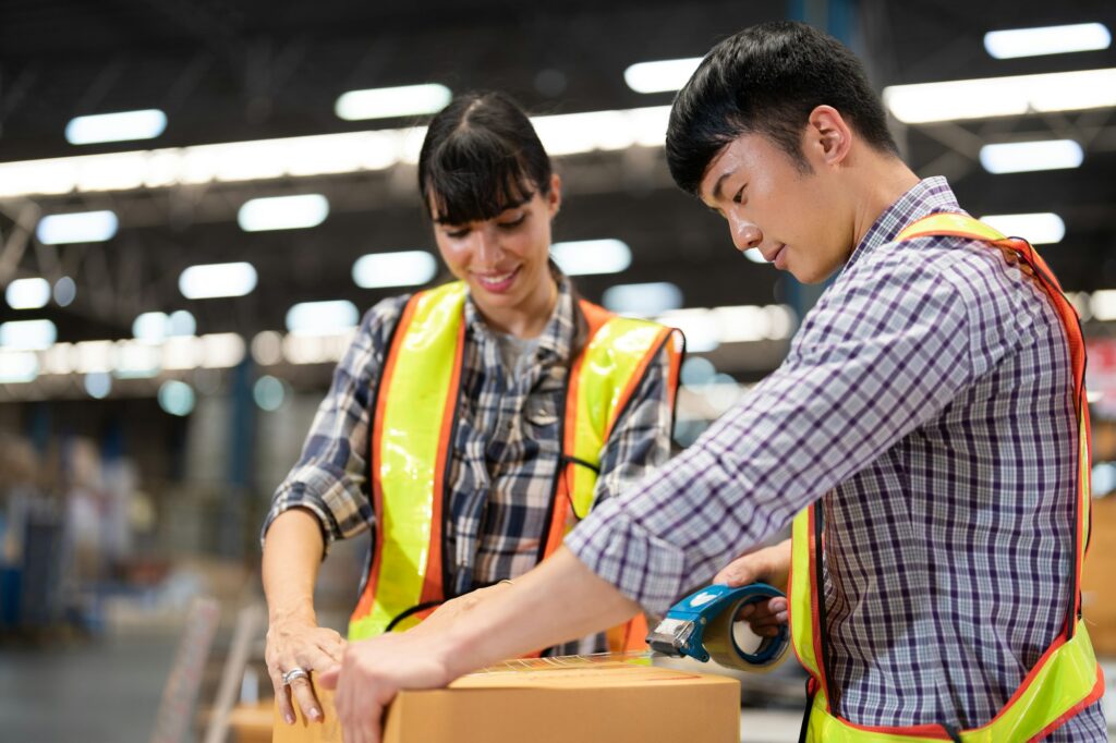 2 staff worker working in the large depot storage warehouse